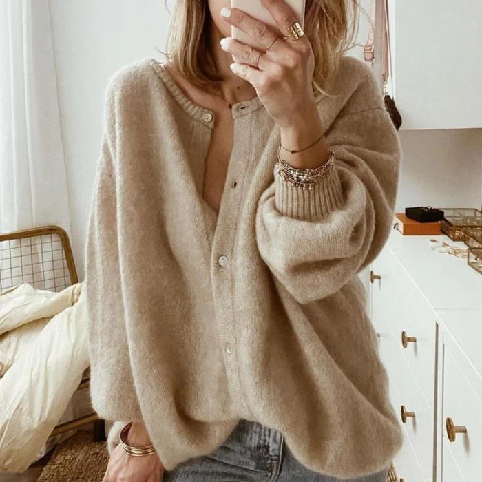 Women’s Loose Button-Up Fit Knit Cardigan with Drop Shoulder Design