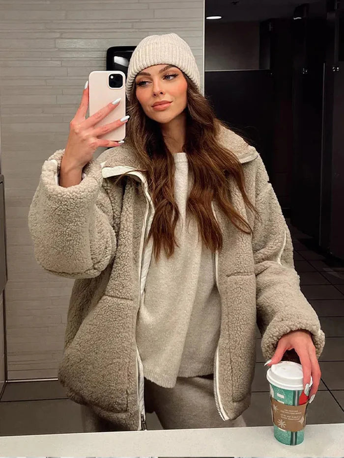 Women's Oversized Fleece Zip Jacket with High Collar