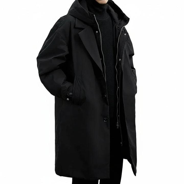 Men's Long Waterproof Puffer Trench Coat with Hood