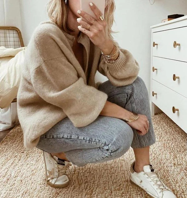 Women’s Loose Button-Up Fit Knit Cardigan with Drop Shoulder Design