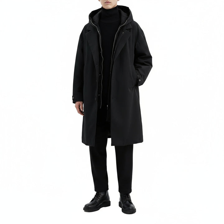 Men's Long Waterproof Puffer Trench Coat with Hood
