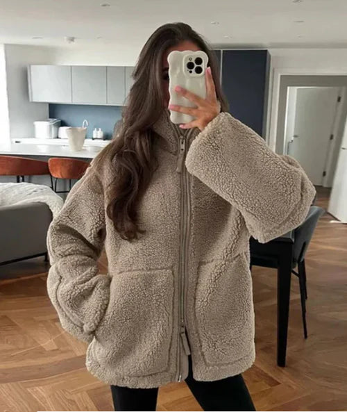 Women's Oversized Fleece Zip Jacket with High Collar