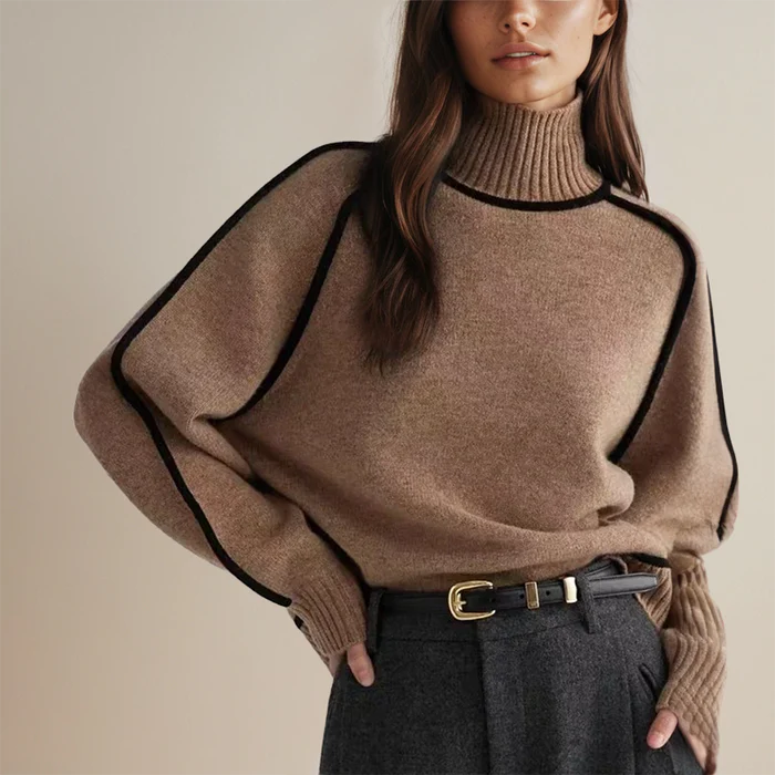 Cozy Oversized Turtleneck Sweater for Women with Contrast Trim