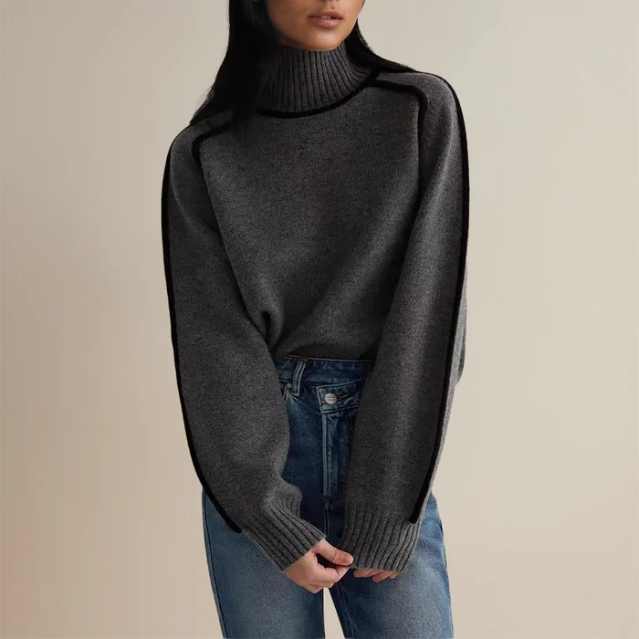 Cozy Oversized Turtleneck Sweater for Women with Contrast Trim