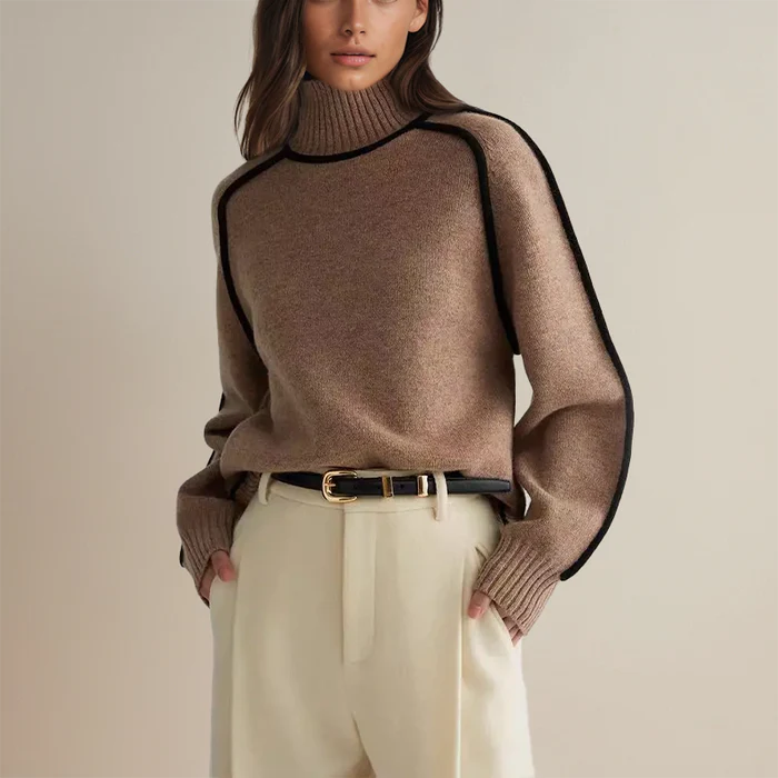 Cozy Oversized Turtleneck Sweater for Women with Contrast Trim