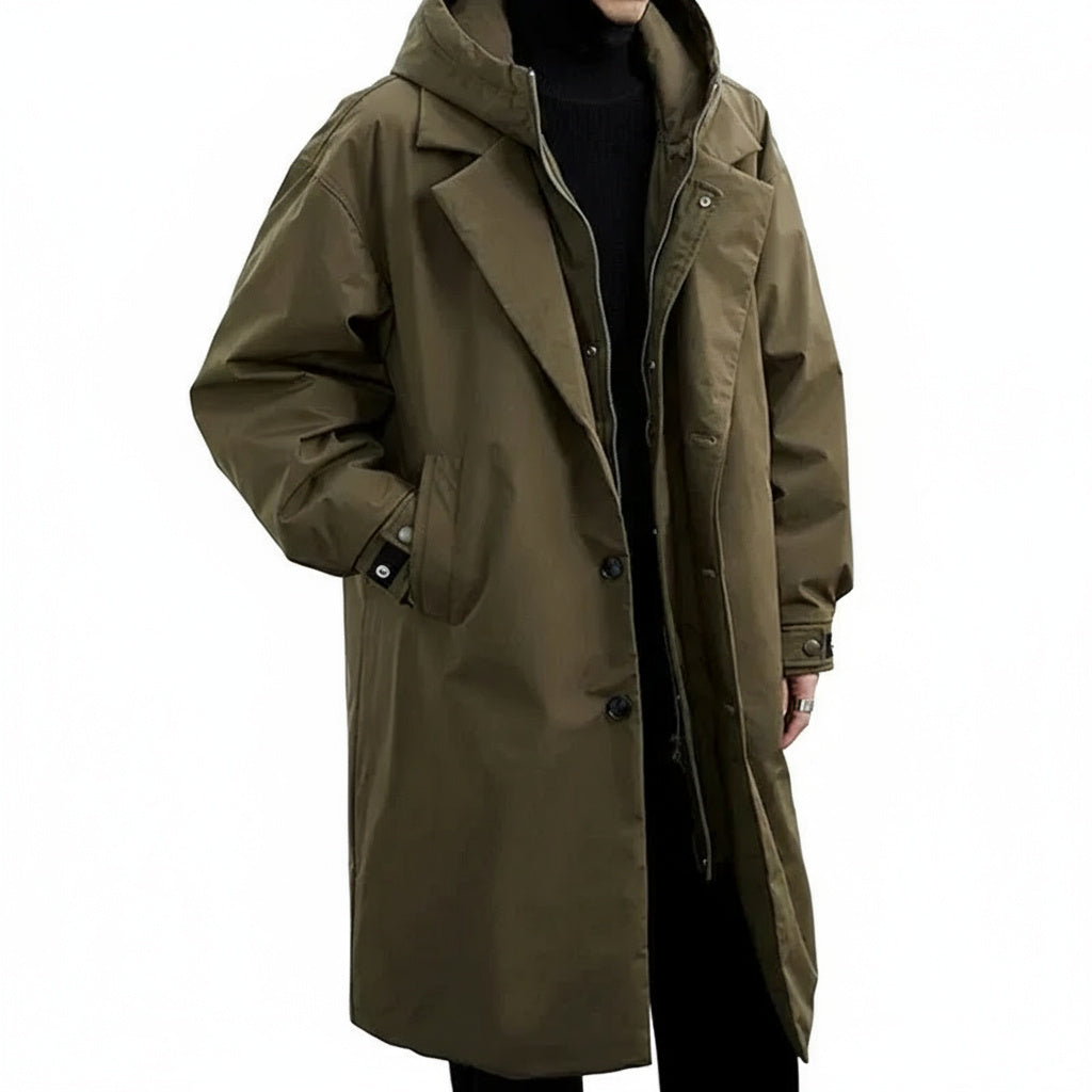 Men's Long Waterproof Puffer Trench Coat with Hood